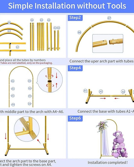 6 ft Arch Backdrop Stand, Wedding Arch Frame, Stable Metal Background Stand with Square Base Ground Nails, for Birthday Party Baby Shower Garland Decoration, Gold