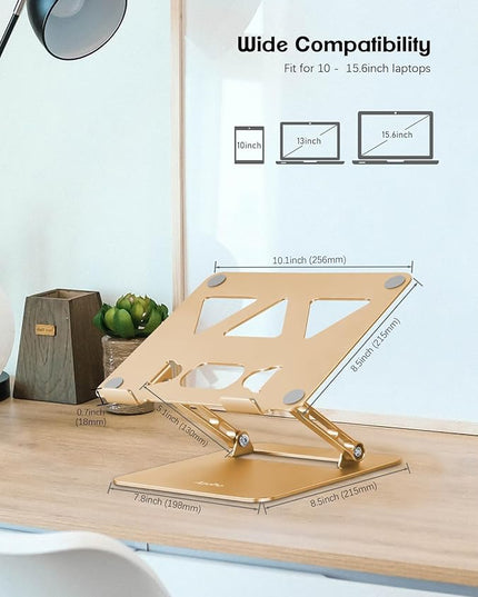 Adjustable Laptop Stand for Desk,Portable Laptop Stand Holder and Riser,Foldable Aluminum Notebook Computer Stands for MacBook Air Pro HP Lenovo Dell Samsung Chromebook, 10-15.6 inch, Gold