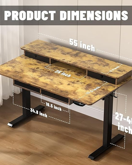 55 * 30 Inches Electric Standing Widened Desk Adjustable Height with 4 Drawers, Double Storage Shelves Stand Up Desk, Home Office Workstation Sit Stand up Desk (Rustic Brown)