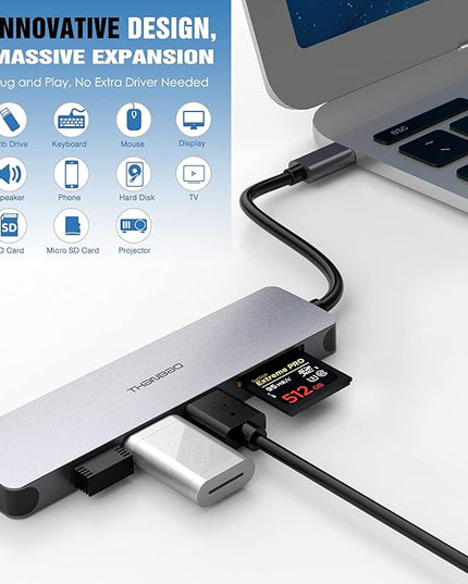 USB C Hub Multiport Adapter - 7 in 1 Portable Space Aluminum Dongle with 4K HDMI Output, 3 USB 3.0 Ports, SD/TF Card Reader Compatible for MacBook Pro, XPS More Type C Devices