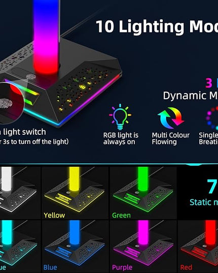 ZNikoyidy Gaming Headphone Stand PC Accessories - RGB Headset Stand with 2 USB Ports,10 Light Modes Headset Holder Suitable for All Earphone Accessories, Gift for Boys Men Gamers