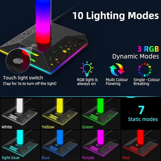 ZNikoyidy Gaming Headphone Stand PC Accessories - RGB Headset Stand with 2 USB Ports,10 Light Modes Headset Holder Suitable for All Earphone Accessories, Gift for Boys Men Gamers
