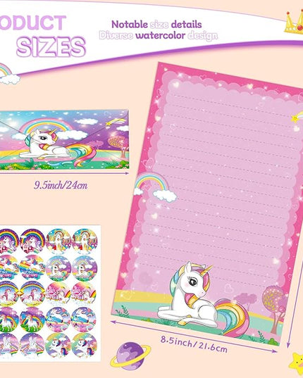 TaoBary 160 Pcs Stationery Paper Set 50 Double Sided Stationery Papers with 50 Matching Envelopes and 60 Round Dot Sticker, 10 Design(Unicorn,8.5 x 11 Inch)