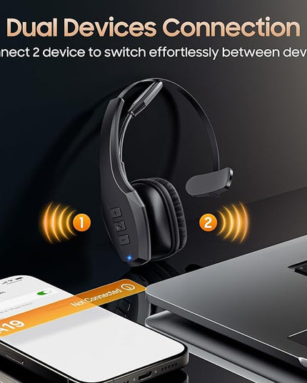 Trucker Bluetooth Headset, Wireless Headset with Mic, Bluetooth Headsets with Dual Noise Cancelling Microphone & Mute Button, 55Hrs Working Time PC Headsets for Cell Phones, Computer, Truck Driver