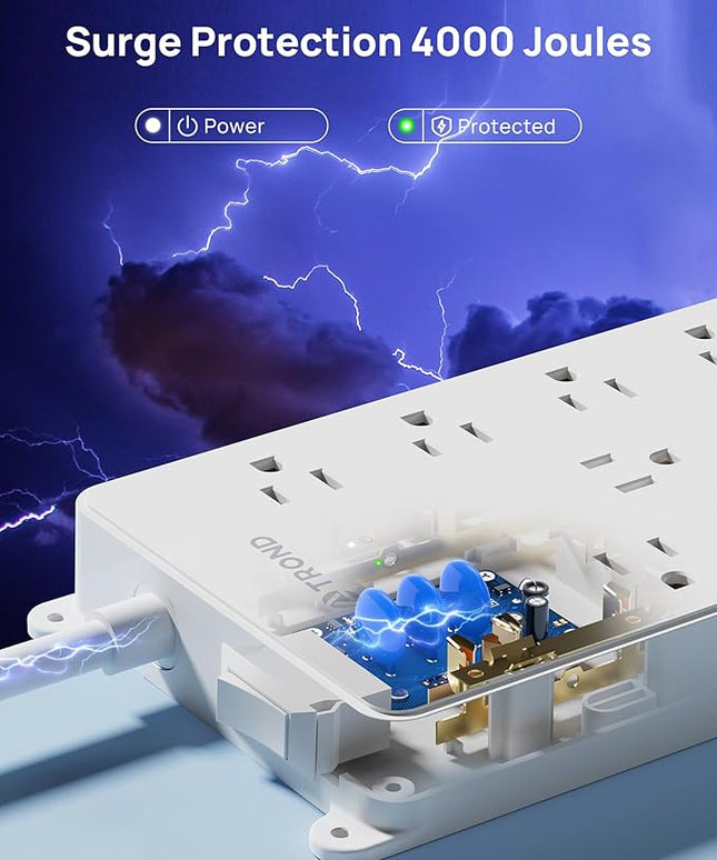 TROND 360° Rotating Flat Plug, Surge Protector Power Strip, 13AC Widely Spaced Outlets Expansion with 3 USB C Ports, 4000J, 10ft Extension Cord Heavy Duty, Wall Mount, Under Desk, ETL Listed, White