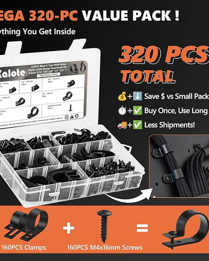 320PCS Black R Cable Clips-6 Sizes 3/16''1/4'' 3/8''1/2''3/4''1''-Premium PA66 Nylon | High Temp Resistant | Durable Wire Management Clamps Assortment Kit with Screws for Organizing Wires Cords