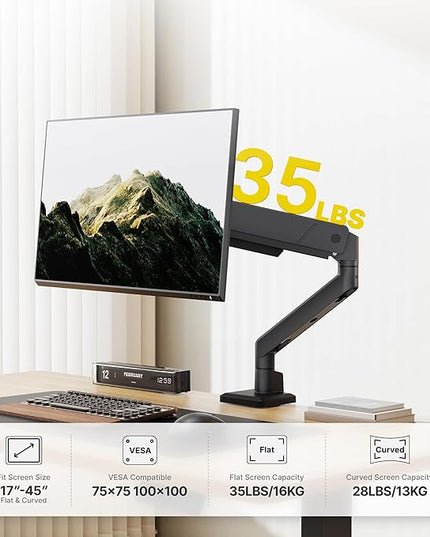monTEK Single Monitor Arm for Max 45 Inch Ultrawide Screens Adjustable Monitor Desk Mount Holds 35 Lbs Cable Management with Clamp/Grommet Desk Mount, VESA 75/100mm, MA1007BK