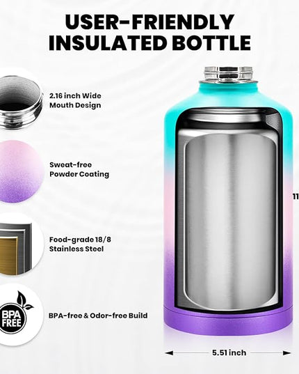 One Gallon Water Bottle Insulated, Triple Walled Vacuum Stainless Steel (Cold for 48 Hrs), Leak Proof & Non-BPA, Large Water Flask Jug with Paracord Handle & Straw Spout Lids