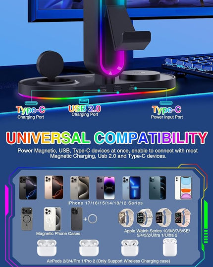 RGB Headset Stand with Wireless Charger, 8-in-1 Charging Station for iPhone, Samsung, Apple Watch Type-C/USB Ports, Gaming Headphone & Controllers Holder, Organizer for Desk Includes 20W PD Adapter