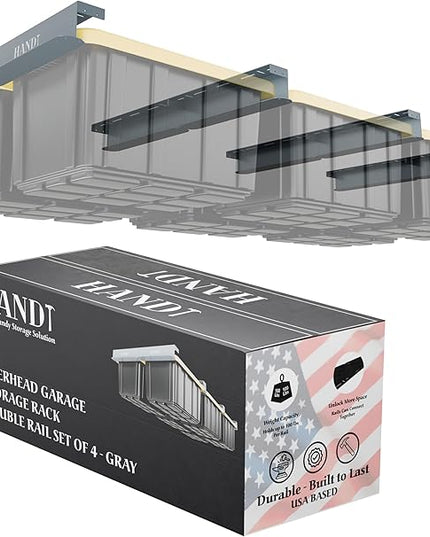 HANDT Overhead Garage Storage Rack, Connectable Heavy Duty Metal Ceiling Rails For Garage Storage Organization Shelving System, Hanging Racks For Tote Containers, Supports Up To 6 Bins, 4 Sets Gray