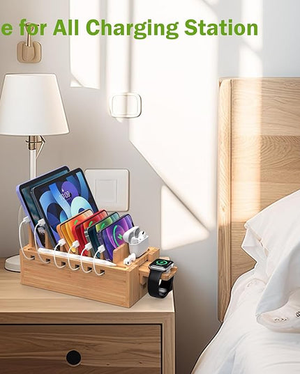 Pezin & Hulin Bamboo Charging Station for Multiple Devices with 5 Port USB Charger, 5 Cables and Watch Stand. Wood Desktop Docking Stations Organizer for Cell Phone, Tablet, Watch, Office Accessories