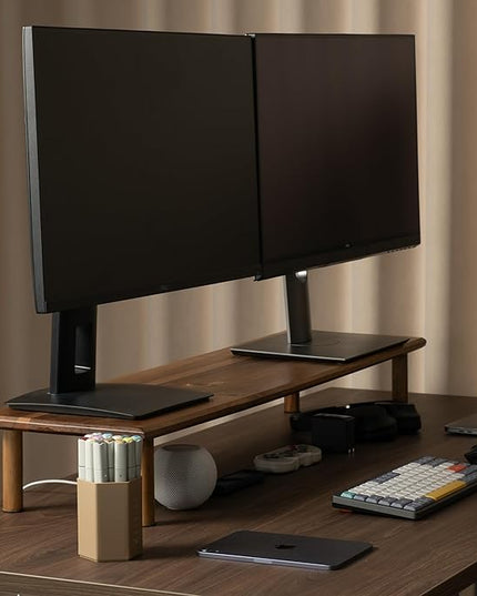 Dual Monitor Stand Riser Acacia Wood, Wooden Desk Monitor Riser for 2 Monitors Supports for Monitor, Printer, Heavy TV Riser up to 130 lbs
