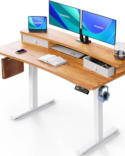 HUANUO 48″ x 24″ Electric Standing Desk with 2 Drawers, C-Clamp Mount Compatible, Height Adjustable Computer Desk, Home Office Stand Up Desk with 4 Preset Heights & 2 Hooks, Light Vintage