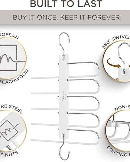 MORALVE Pants Hangers Space Saving - European Beechwood Scarf and Jean Hangers - Closet Organizer and Space Saver Pant Rack, Leggings Hanger, and Scarf Holder with 360° Swivel Hook (1 Pack)
