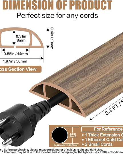 Floor Cord Cover Self Adhesive Cord Hider,3.3FT Cable Management, Extension Strip Protector for Wires, Prevent Cable Trips for Offices, Gyms, Exhibitions Cavity:0.47"(W) x0.35(H) Woodsmokedbrown