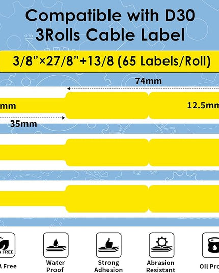 Phomemo D30 Cable Label Colorful Waterproof Wire Cord Labels, (12.5mm X 74mm) 65 Labels/Roll, Tags Stickers Tear Resistant Flexible, Phomemo d30 Label Tape -Black on Yellow Paper, 3 Roll