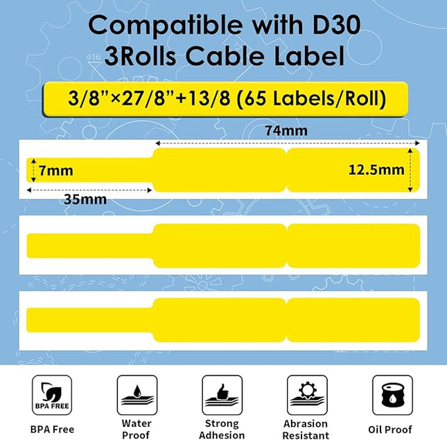 Phomemo D30 Cable Label Colorful Waterproof Wire Cord Labels, (12.5mm X 74mm) 65 Labels/Roll, Tags Stickers Tear Resistant Flexible, Phomemo d30 Label Tape -Black on Yellow Paper, 3 Roll