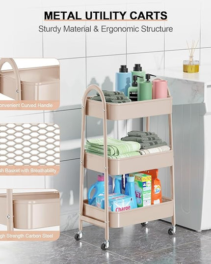 EAGMAK 3 Tier Utility Rolling Cart, Metal Storage Cart with Handle and Lockable Wheels, Multifunctional Storage Organizer Trolley with Mesh Baskets for Kitchen, Living Room, Office, Garage (Beige)