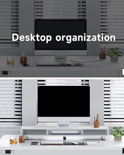 Fenge Dual Monitor Stand, 42.5inch Long Monitor Stands Riser for 2 Monitors, Sliding Door with Storage Organizer Stand for Desk, 2 Tier Desk Shelf for Laptop, Pc, Printer, Computer, TV