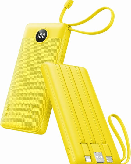 VRURC Portable Charger with Built-in Cables, 10000mAh LED Display USB C Power Bank, Slim Travel Battery Pack with 5 Output 2 Input Compatible with iPhone 17 16 15 13,Samsung,Android etc-Yellow(1 Pack)