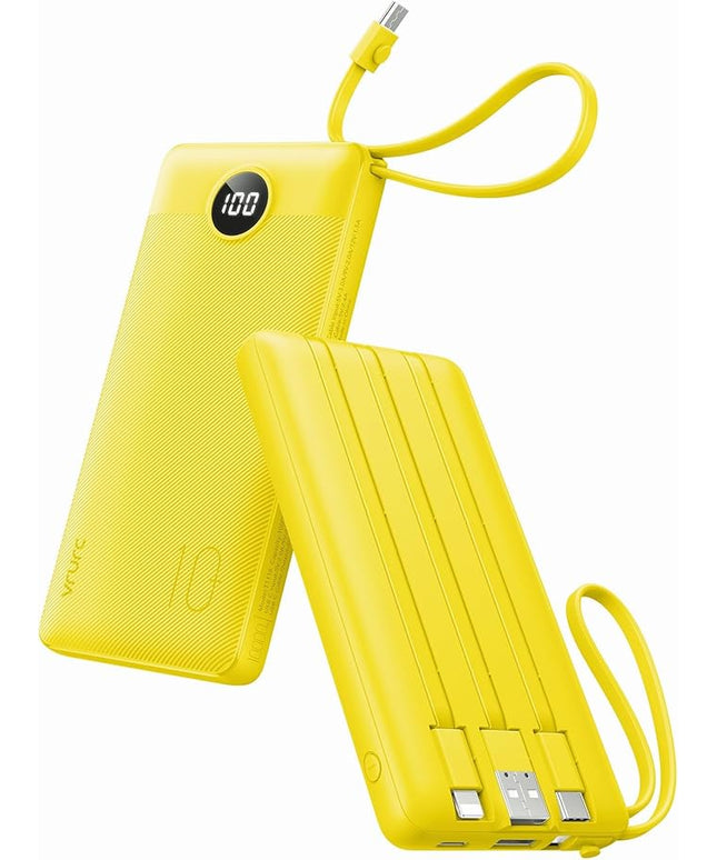 VRURC Portable Charger with Built-in Cables, 10000mAh LED Display USB C Power Bank, Slim Travel Battery Pack with 5 Output 2 Input Compatible with iPhone 17 16 15 13,Samsung,Android etc-Yellow(1 Pack)