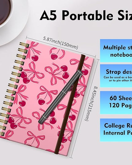 Spiral Journal Notebook, A5 Cute Notebooks for Women Men, College Ruled Hardcover Notebook for Work & Note Taking, 60 Pages Double-Wire Journals for Writing, Cute Cherry