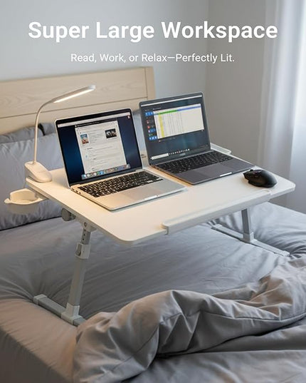 iXTRA Laptop Lap Desk with Cooling Fan - Adjustable Bed Desk with Light, Bed Table with Cup Holder&Phone Holder - Storage Drawer Desk - Folding Bed Desk,White,70x45cm