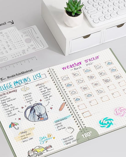 AHGXG Bullet Dotted Journal - Dot Grid Spiral Notebook B5, 140 Pages, 100 GSM Thick Paper, Waterproof Plastic Cover Journals for Bullet Journaling, Sketching, 7.6" x 10", Sage Green