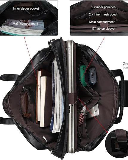Masa Kawa Leather Briefcase for Men 17/15.6" Laptop Crossbody Shoulder Messenger Bag Business Travel Work Attache Case
