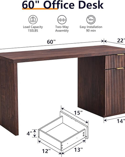 JXQTLINGMU 60" Modern Executive Desk with Storage, Wood Home Office Desk with Drawer & Cabinet, Fluted Computer Writing Desk for Study, Living Room, Bedroom, Dark Walnut