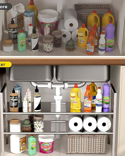 Expandable Under Sink Organizer and Storage, 2-Tier Height Adjustable Under Cabinet Organizer Shelf with 8 Removable Panels for Bathroom Kitchen Multi-Purpose Storage (8 Panels)
