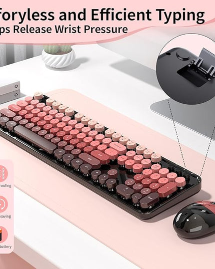 Wireless Keyboard and Mouse, 104 Round Keycaps Retro Typewriter with OTG & Brush, Full-Size Ergonomic, Ideal for Windows PC, Home, Office and College Black Pink