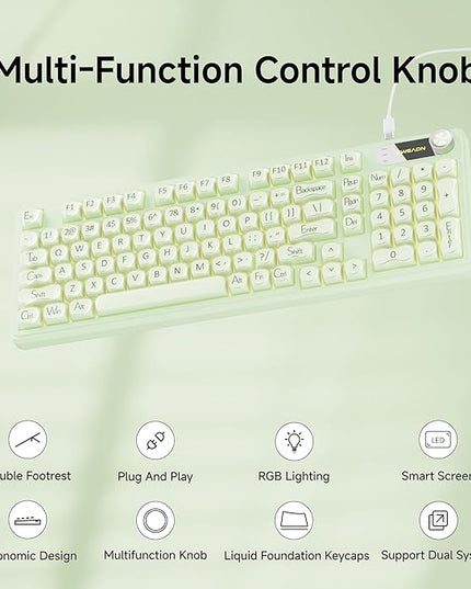 V102 Wired Keyboard, 98 Keys Creamy Gaming Keyboard with Number Pad, Display Screen & Media Knob RGB Silent Wired Cute Computer Keyboard for Laptop PC Gamer - Green