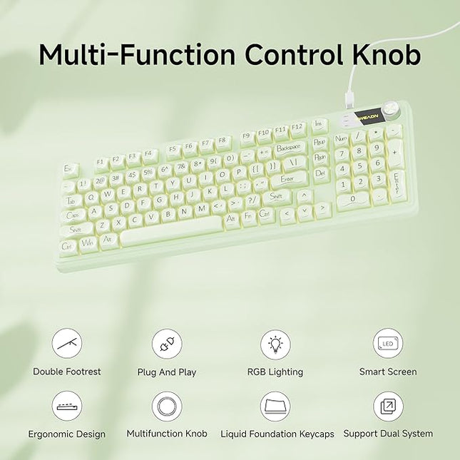 V102 Wired Keyboard, 98 Keys Creamy Gaming Keyboard with Number Pad, Display Screen & Media Knob RGB Silent Wired Cute Computer Keyboard for Laptop PC Gamer - Green
