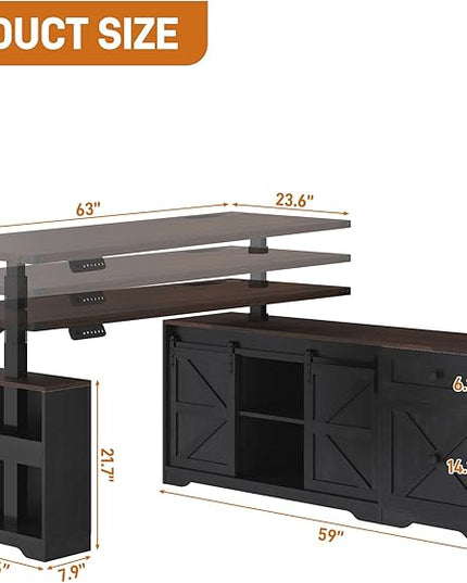 63" Farmhouse Electric Standing Desk Adjustable Height Sit Stand Corner Stand Desks, L Shaped Standing Computer Desk with Power Outlets & Storage Drawers & Sliding Door for Home Office, Black