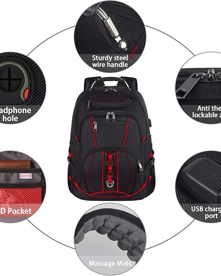 JCDOBEST Laptop Backpack, Red, 55L Capacity, TSA Approved, RFID Anti-Theft, USB Charging Port, Headphone Hole, Back Luggage Strap, Chest Strap, Laptop Backpack