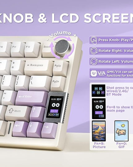 YUNZII AL80 Wireless Mechanical Keyboard,Full Aluminum CNC, Smart LCD Display,Hot Swappable Gasket Mount 75% Layout with Knob,BT/2.4G/USB-C,QMK/VIA Support for Win/Mac (Beige, Cocoa Cream V2 Switch)