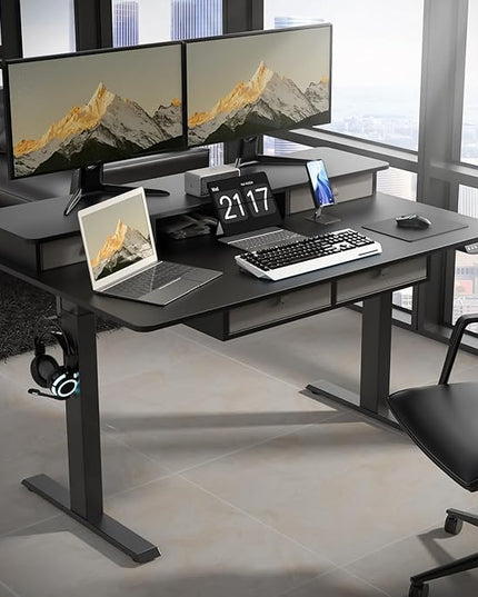 Electric Standing Widened Desk 63 * 30 Inches Adjustable Height with 4 Drawers, Double Storage Shelves Stand Up Desk, Home Office Workstation Sit Stand up Desk (Classical Black)