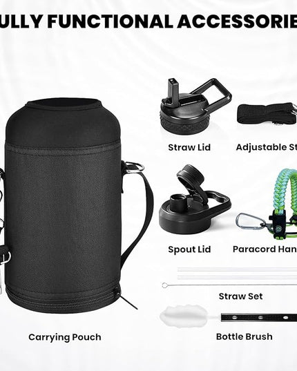 Insulated Water Bottle 64 oz, Triple Wall Vacuum Stainless Steel (Cold for 48 Hrs), Leak Proof & Non-BPA, Half Gallon Water Flask Jug with Paracord Handle & Straw Spout Lids