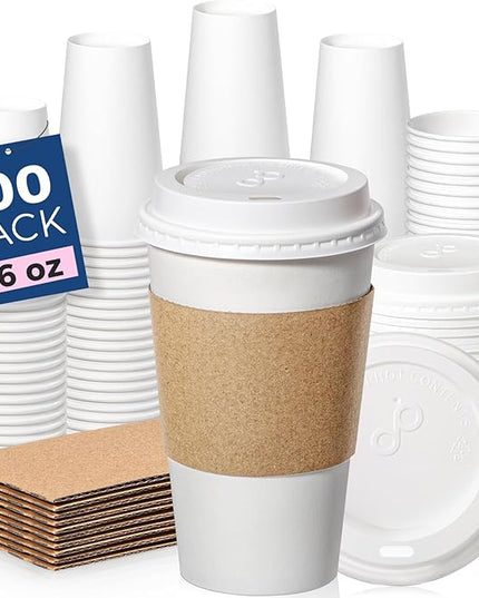 Fit Meal Prep 100 Pack 16 oz Disposable Coffee Cups with Lids, Sleeves, Leak-Proof To Go Coffee Cups with Lids, Durable Hot Paper Cups for Home, Office, Party, Business