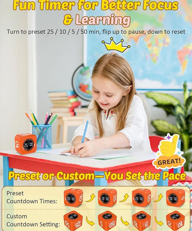 Digital Pomodoro Timer Cube 5/10/25/50min, Visual Productivity Flip Timer for Kids Classroom Desk, Custom Countdown, Silent and Sound Mode for ADHD Study Work Game Kitchen (Orange)