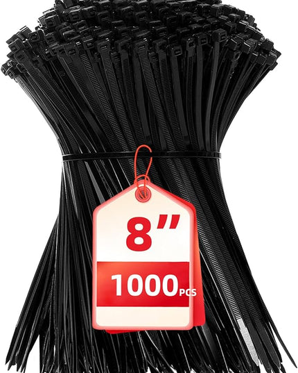 Zip Ties 8 inch, 1000 Pack Black Zip Ties, Self-Locking Nylon Cable Ties with 40 lbs Tensile Strength,Wire Ties for indoor and outdoor use.