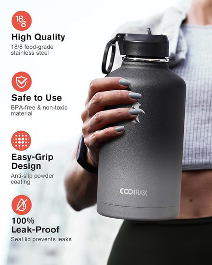 Half Gallon Insulated Water Bottle with Straw & 3 Lids, Coolflask 64 oz Water Jug Large Metal Stainless Steel Wide Mouth for Sports, Gym or Office, Non-BPA Keep Cold 48H Hot 24H, Piano Night