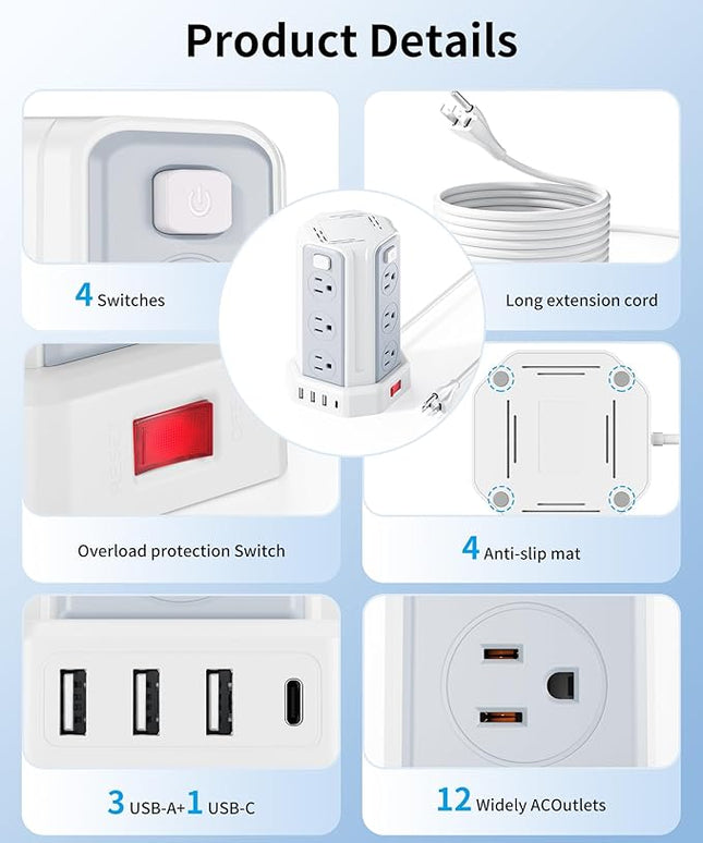 Power Strip Surge Protector, 10 Ft Extension Cord with 12 AC Multiple Outlets 4 USB (1 USB C), SMALLRT Power Tower Desktop Charging Station (White, 6.5 FT)