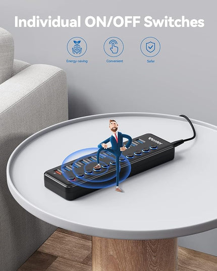 Powered USB Hub, Wenter 11-Port USB Splitter Hub (10 Faster Data Transfer Ports+ 1 Smart Charging Port) with Individual LED On/Off Switches, USB Hub 3.0 Powered with Power Adapter for Mac, PC