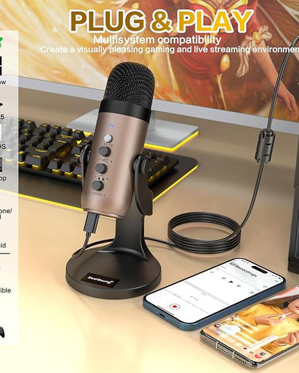 ZealSound USB Microphone,Condenser Computer PC Mic,Plug&Play Gaming Microphones for PS 4&5.Headphone Output&Volume Control,Mic Gain Control,Mute Button for Vocal,YouTube Podcast on Mac&Windows(Gold)