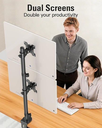 Stable Vertical Dual Monitor Stand, Stacked Monitor Mount for 2 Screens Up to 32 inch, Full Motion Monitor Desk Mount with Swivel, Tilt, Rotation, Holds 17.6 lbs Each, Max VESA 100x100mm