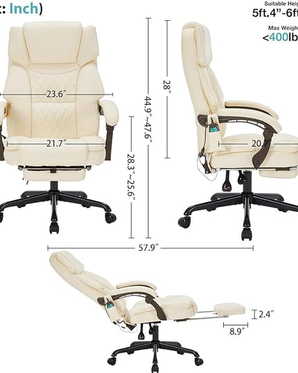Massage Office Chair with Foot Rest 6 Points Vibration and Heat Home Office Desk Chairs for Heavy People 400lbs Reclining Managerial Chairs Ergonomic Executive Chair (Cream)