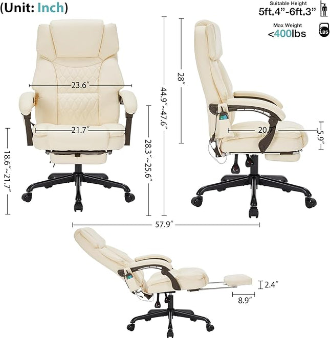 Massage Office Chair with Foot Rest 6 Points Vibration and Heat Home Office Desk Chairs for Heavy People 400lbs Reclining Managerial Chairs Ergonomic Executive Chair (Cream)