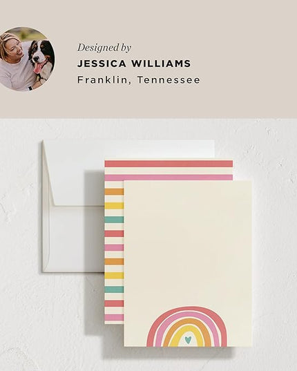 Minted Cheerful Stationery Set, Set of 10, Flat Note Cards & Envelopes for Invitiations and Handwritten Thank You Messages, Rainbow with Heart Accent, Gifts for Teachers, Luxurious Paper